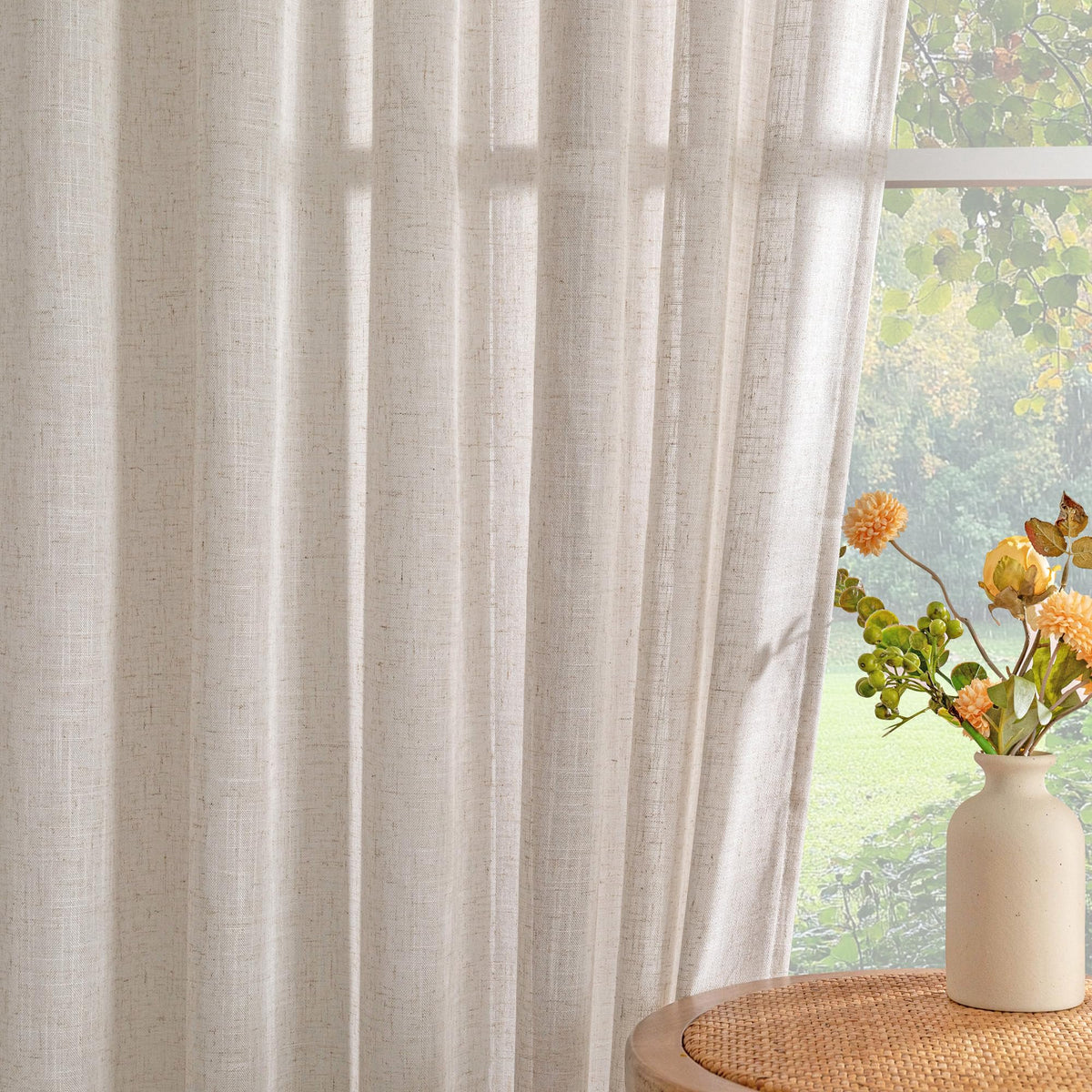 Light-diffusing curtains creating a warm, inviting ambiance