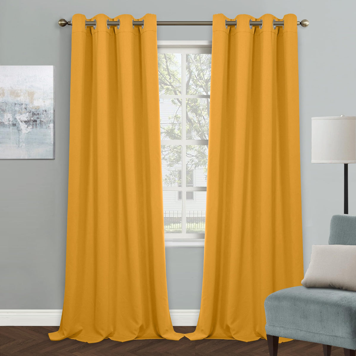 MYSKY HOME yellow blackout curtain fabric close-up showing triple weave for strong light blocking