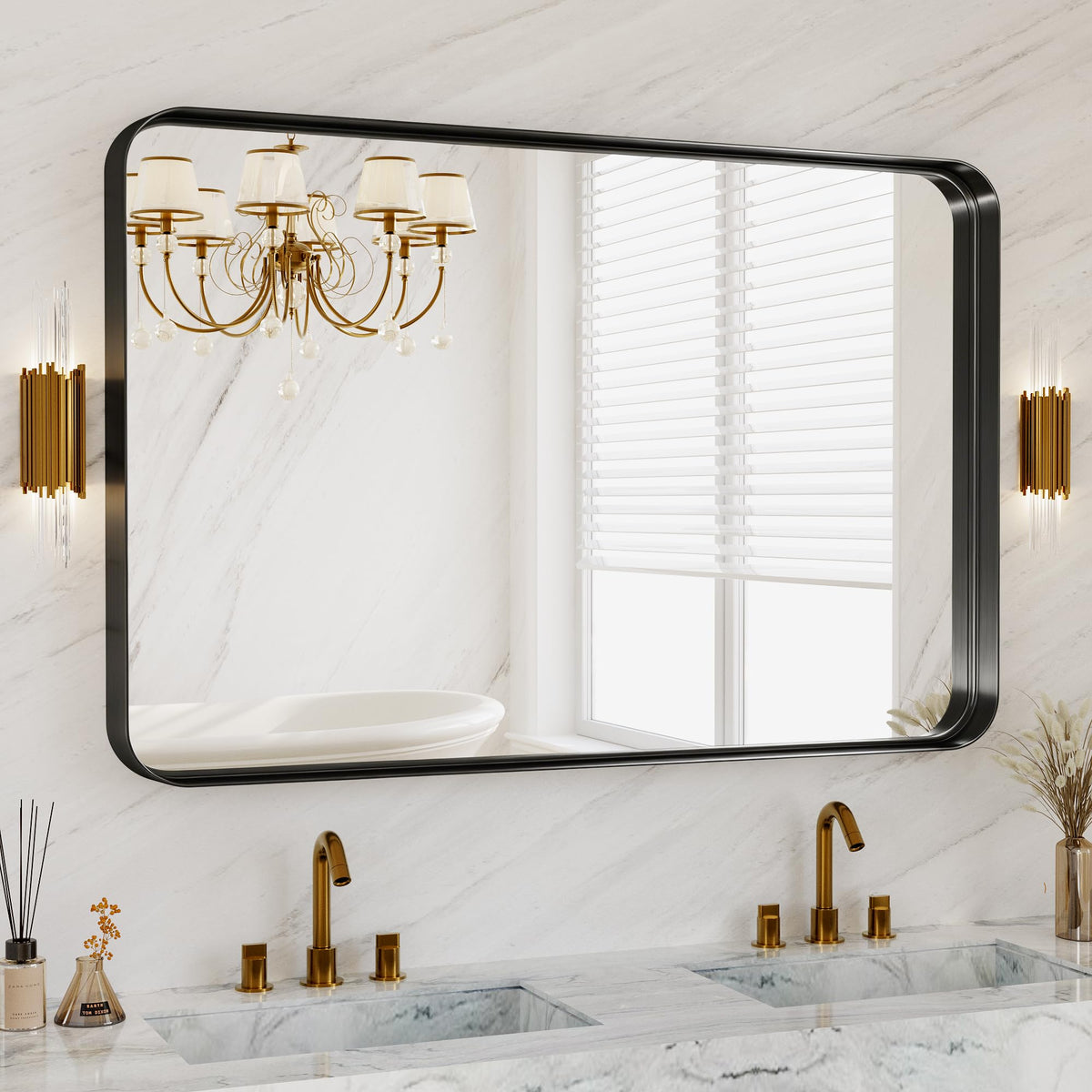 MYSUNORIA 48x30 black metal framed mirror, front view for a spacious vanity.