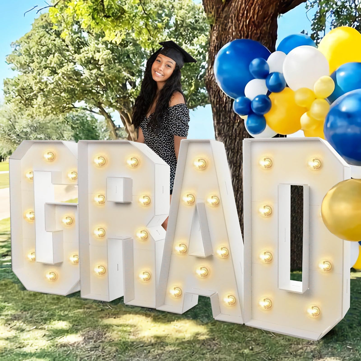 Mythcloud 2026 grad marquee letters kit glows for a photo-ready backdrop