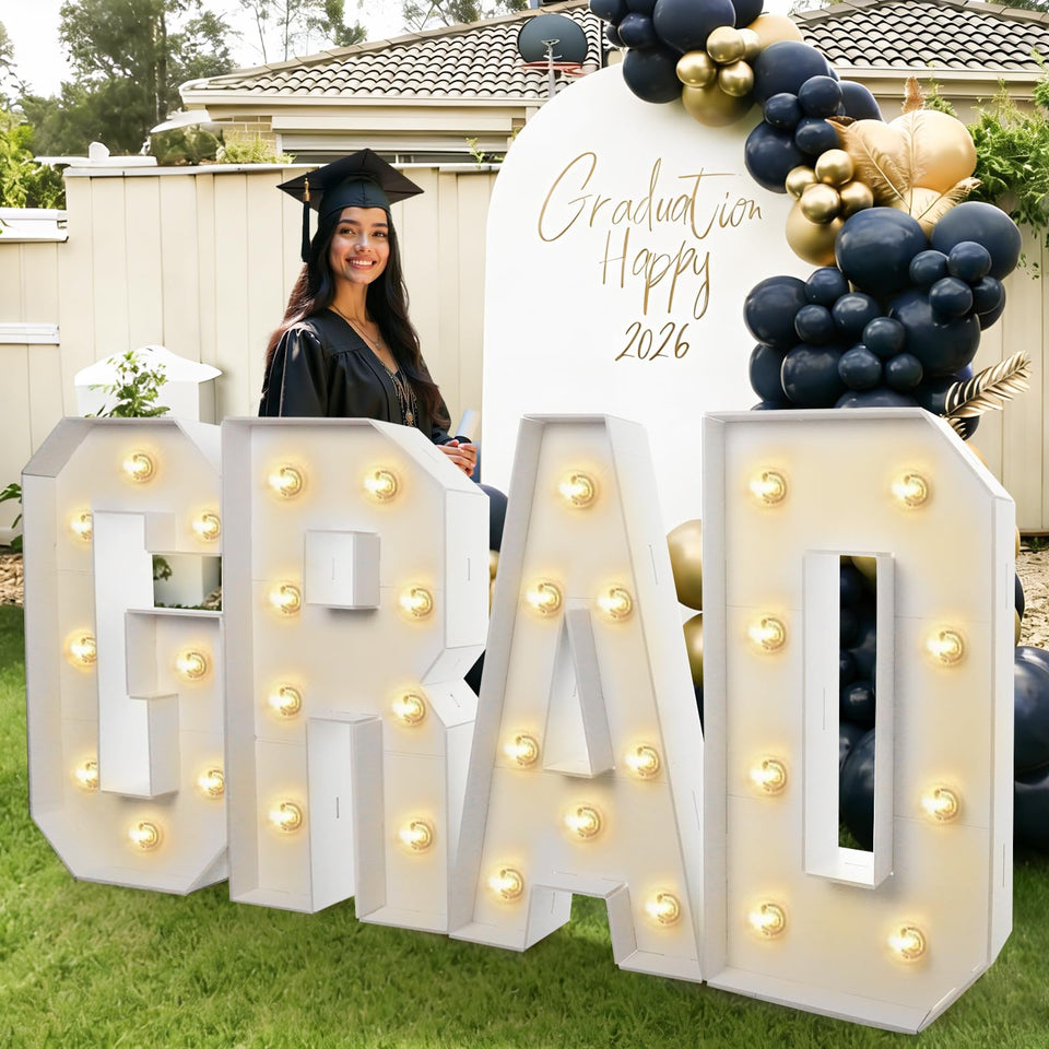 Mythcloud grad letters kit 4ft with LED lights for a bright graduation display.