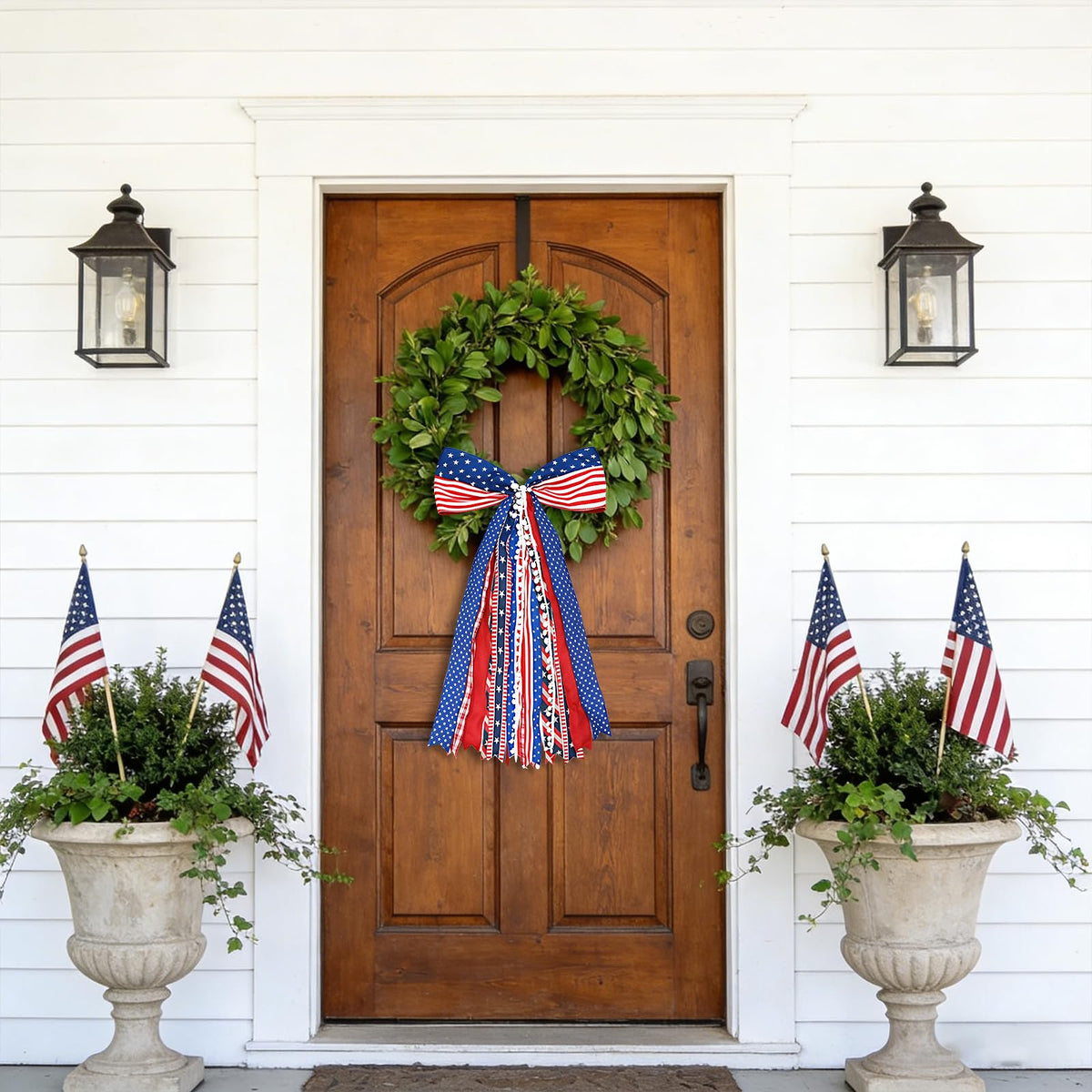 Mythcloud lightweight wreath bow is easy to attach for quick patriotic setup.