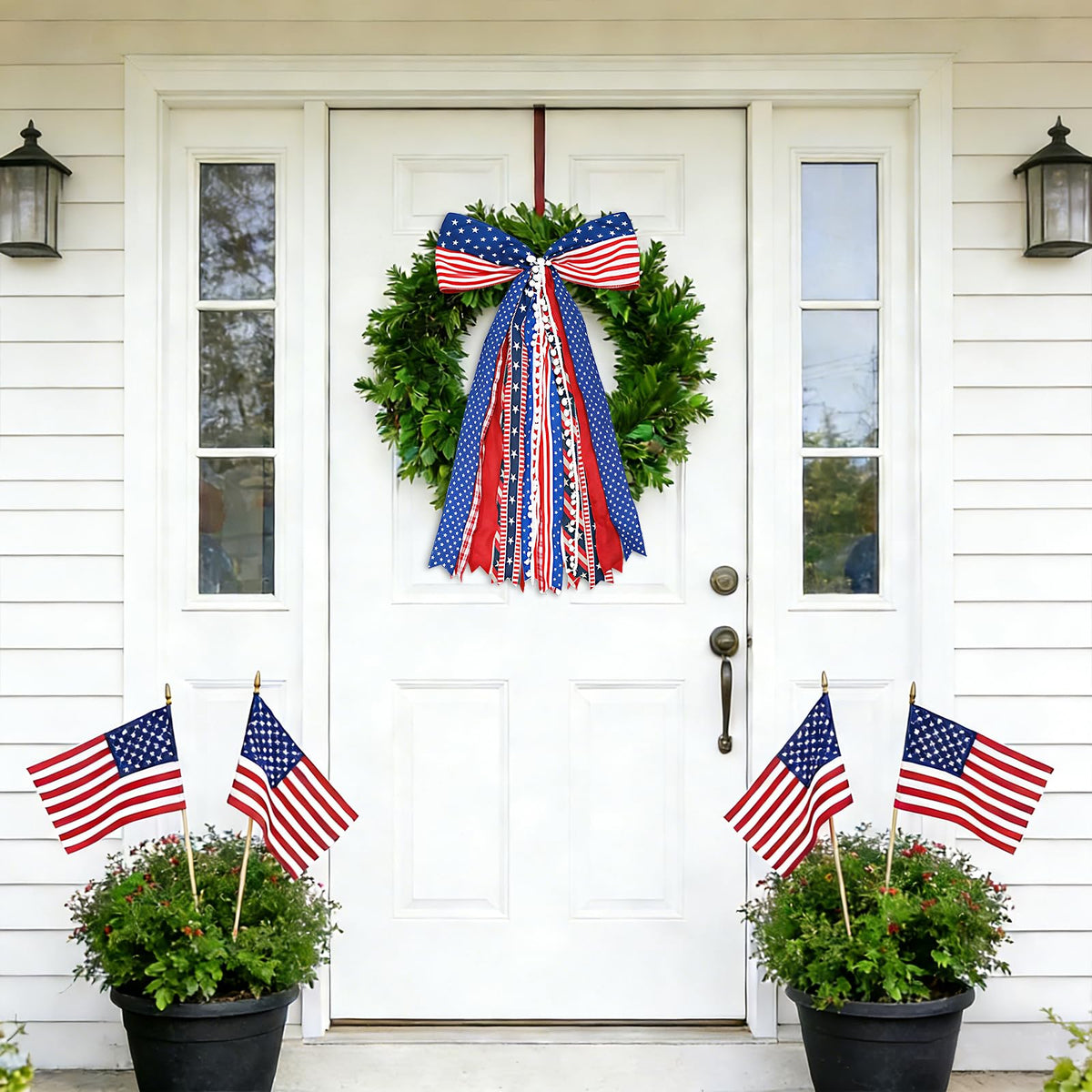 Mythcloud red white blue ribbon accent elevates July decor on entryways and porches.