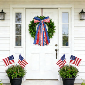 Mythcloud red white blue ribbon accent elevates July decor on entryways and porches.