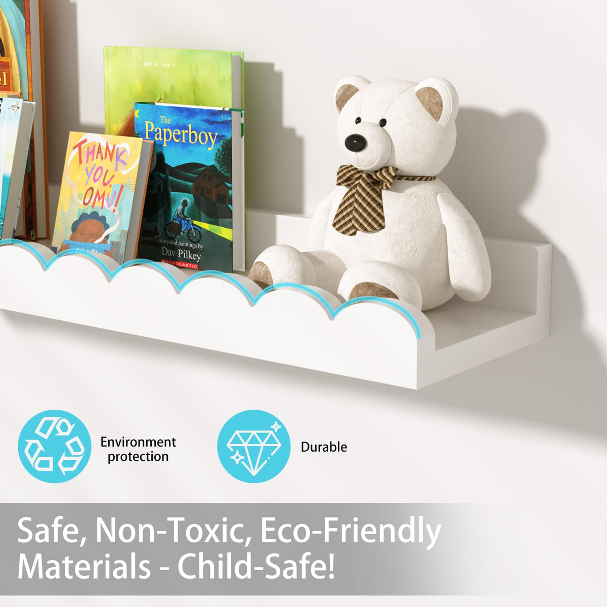 MZJZBN wall-mounted kids shelves close-up showing smooth finish and scalloped edge.