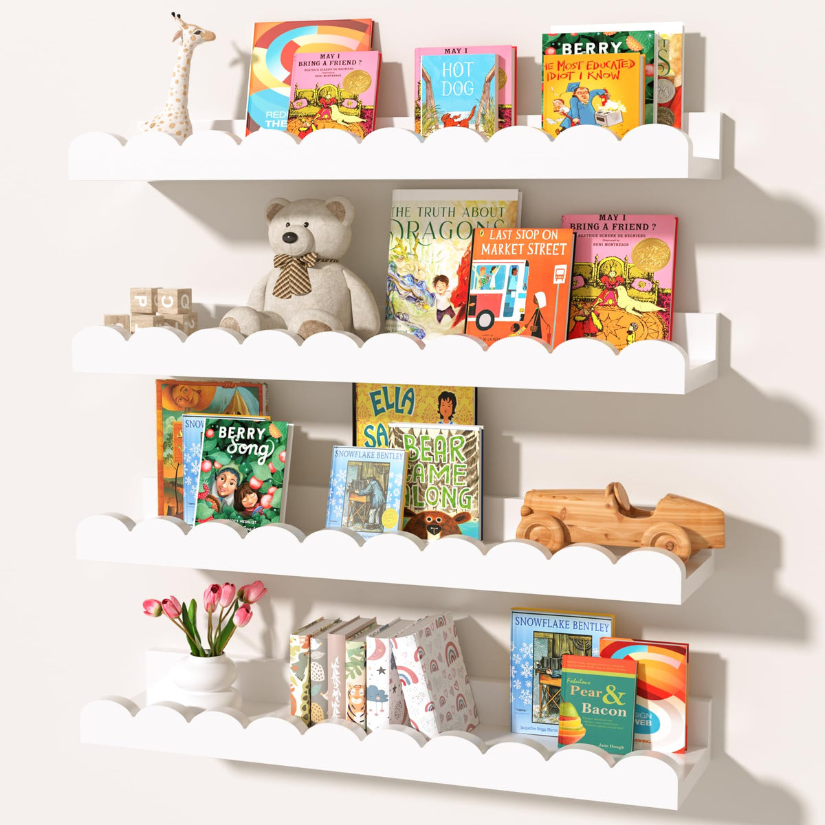 MZJZBN white scalloped nursery shelves in a four-pack displaying books and decor.
