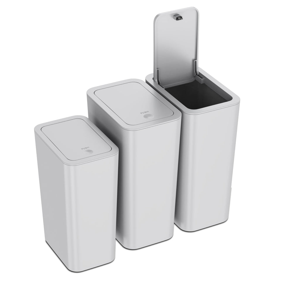 N. NETDOT 3-pack trash cans in compact design ideal for tight spaces.