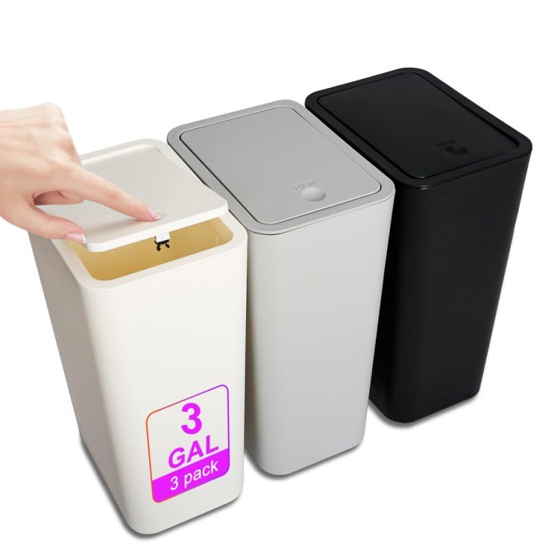 N. NETDOT 3 Pack slim trash can with lid in off-white for tight bathroom spaces.