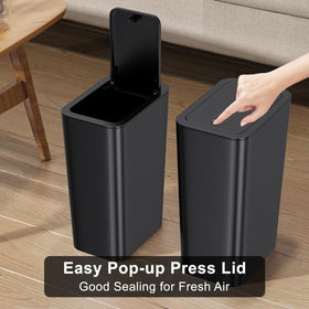 N. NETDOT black trash can with lid complements modern bathrooms.