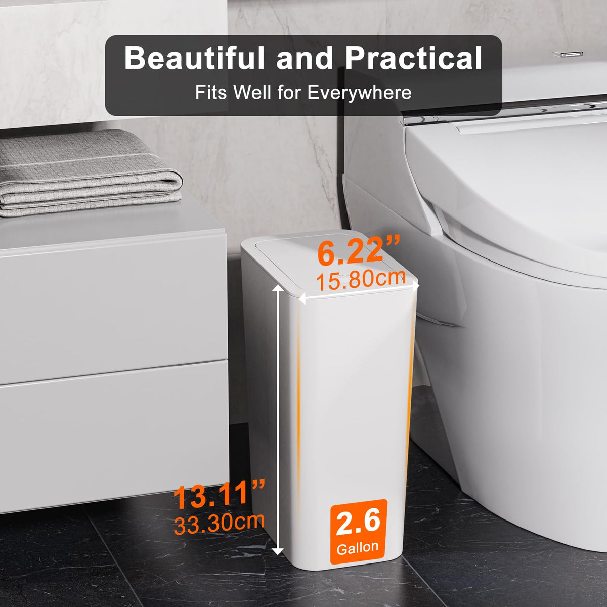 N. NETDOT compact bathroom trash bin with slim design fits tight spaces.