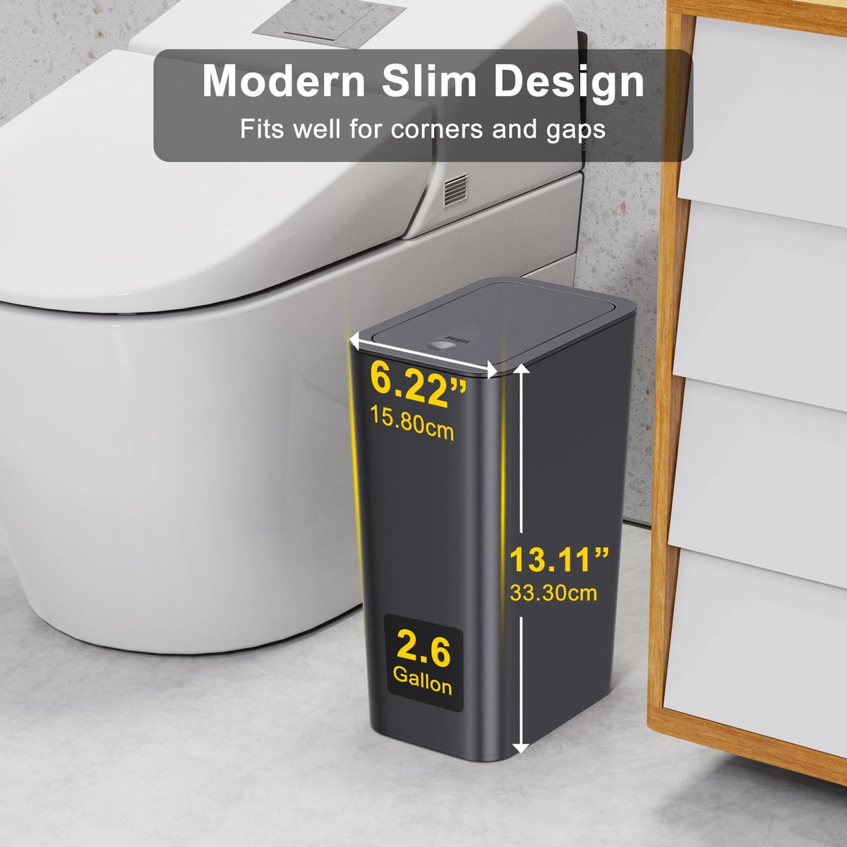 N. NETDOT compact 2.6-gallon trash bin fits tight kitchen corners.