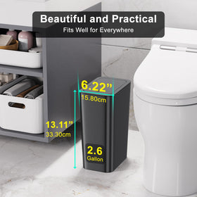 N. NETDOT press-lid slim trash bin keeps odors sealed in tight spaces.