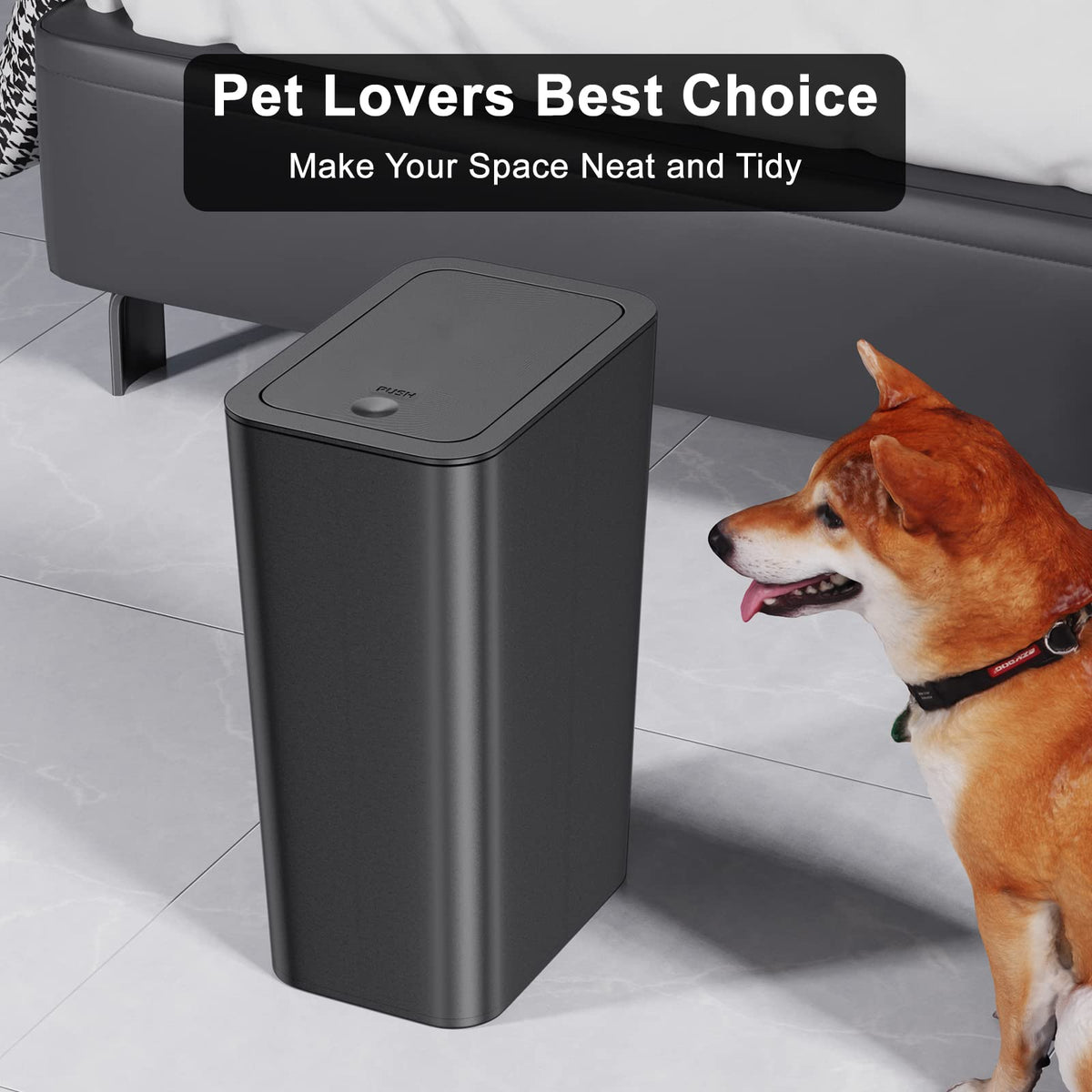 N. NETDOT slim trash can with lid fits tight spaces.