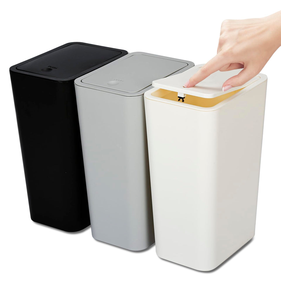 N. NETDOT three-pack 10L trash can with lid for organized bathroom storage.