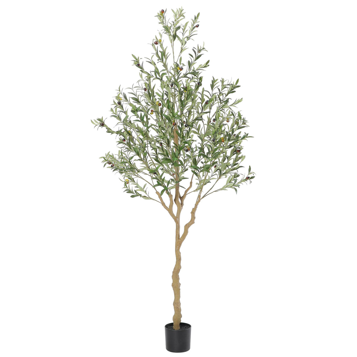 Nafresh tall olive tree full view showcases lifelike silk leaves for stylish, low-maintenance decor.