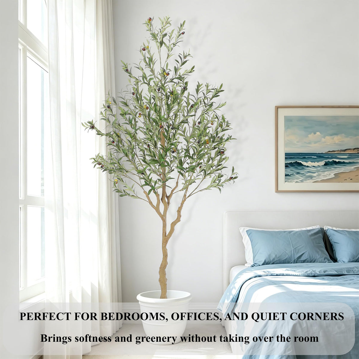 Nafresh tall olive tree living room display adds peaceful greenery.