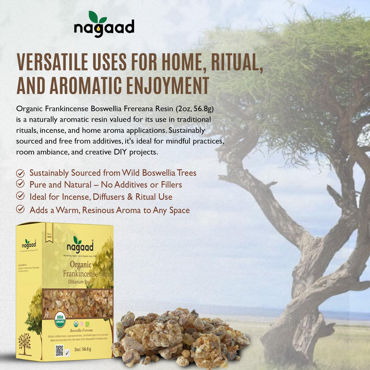 Nagaad Frereana resin packaging showing ethical harvest label