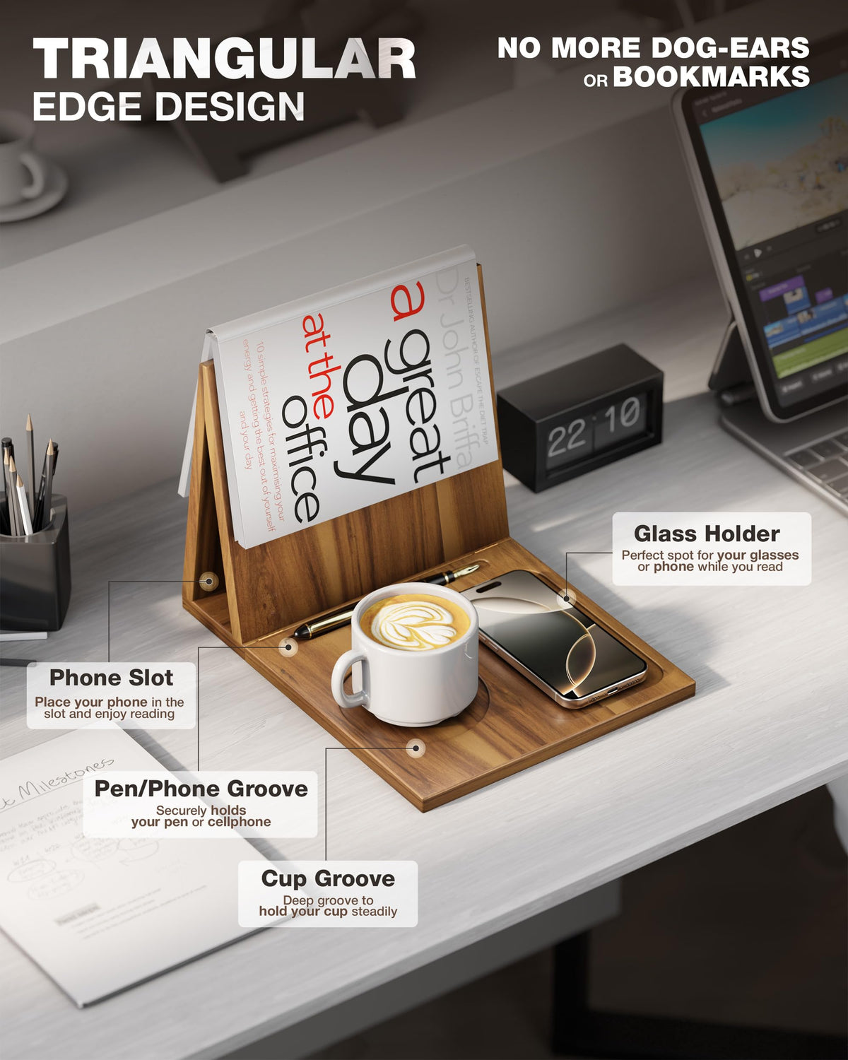 NAGAWOOD eyeglasses, pen, and phone slots reduce desk clutter