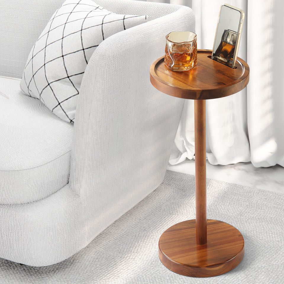 NAGAWOOD pedestal drink table in acacia wood ideal for small spaces.