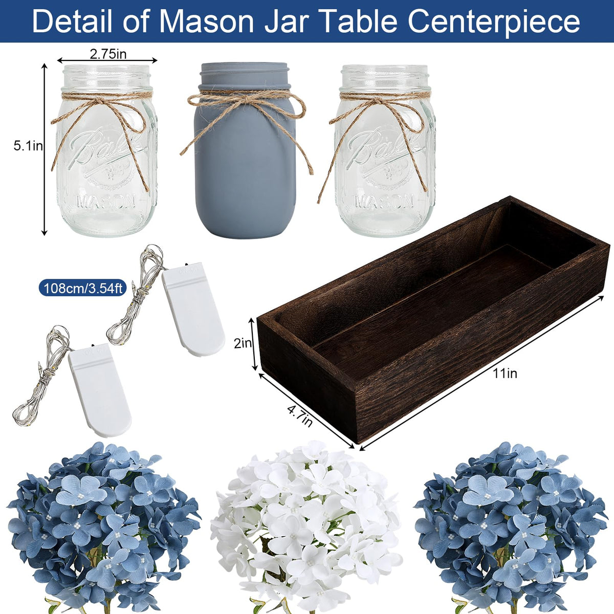 Nagobi mason jar centerpiece with glass jars and faux hydrangeas elevates tabletops