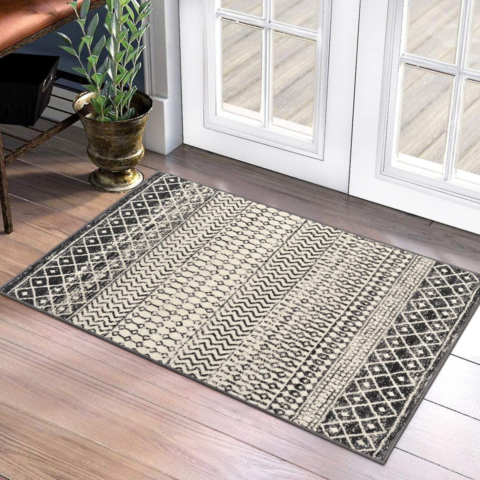 Nailttos Moroccan area rug 2x3 in black distressed adds cozy entryway style.