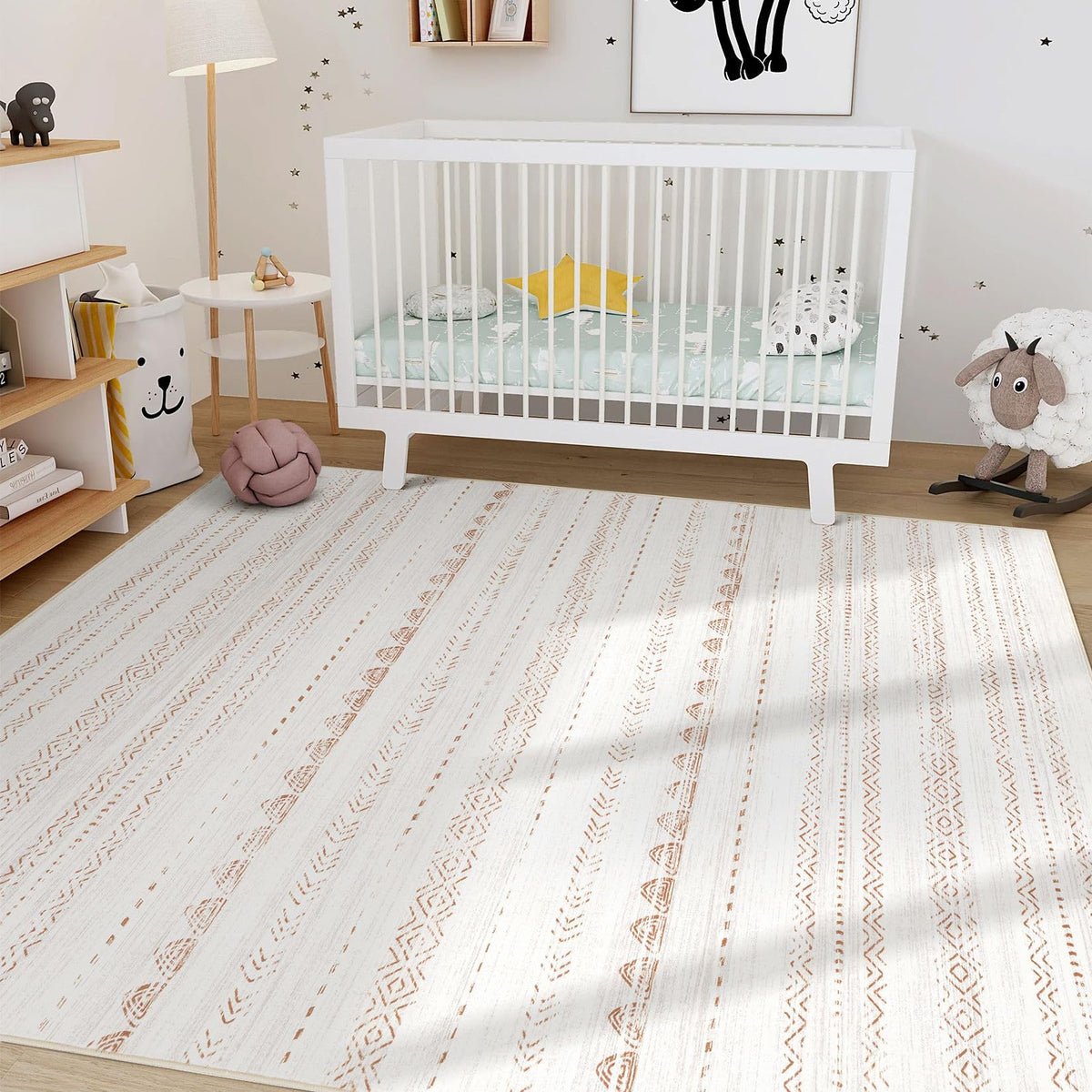 Nakagishi 5x7 Moroccan rug suits classrooms and nurseries with durability