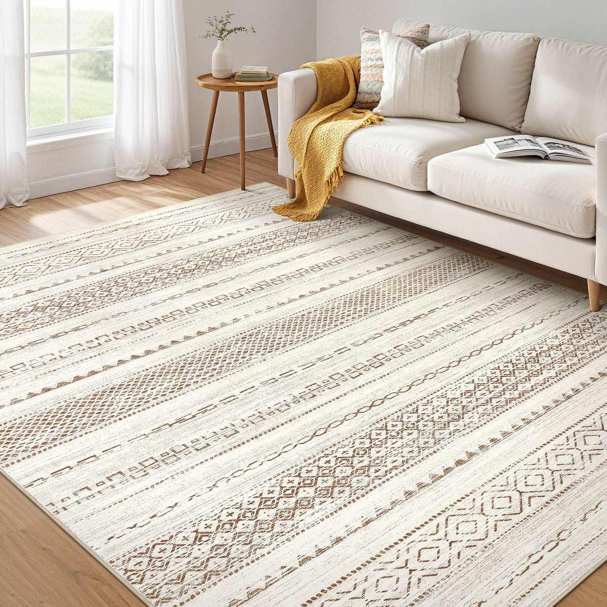Nakagishi area rug with living room boho pattern, adds cozy warmth and style to your space.