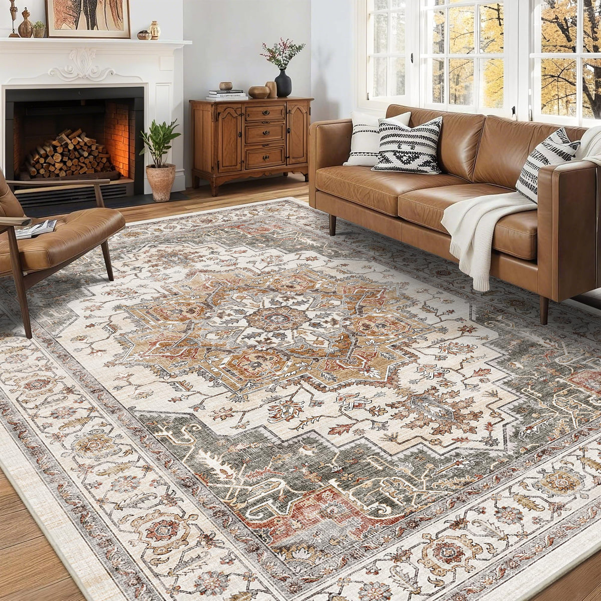 NakedCloud vintage boho rug with medallion pattern enhances living room decor.