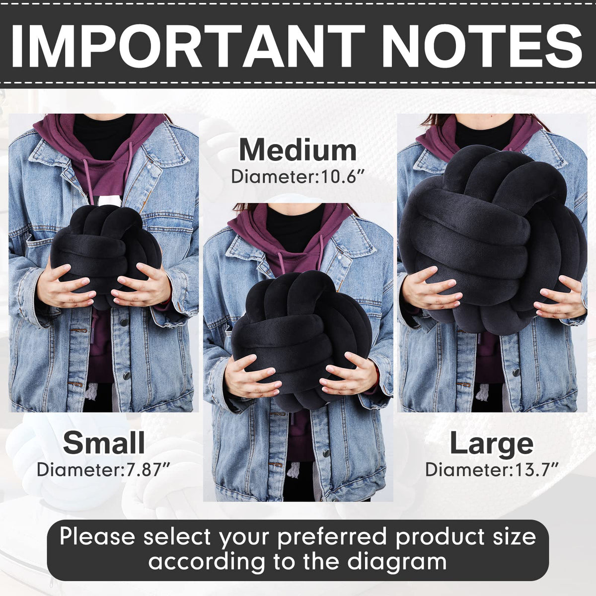 Namalu knot pillow ball black 20cm side angle enhances sofa texture and comfort.