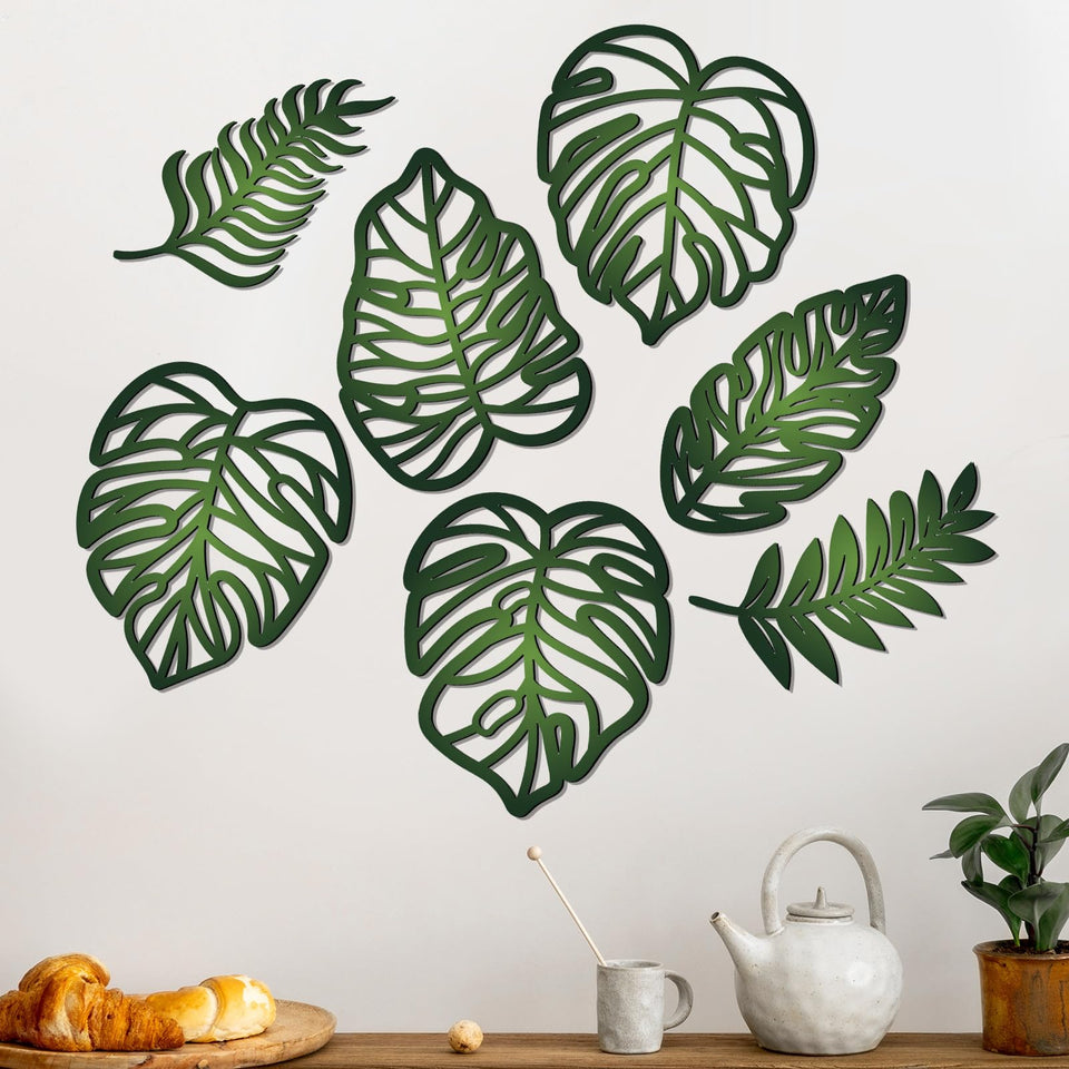 Namalu monstera leaf wall decor adds vibrant greenery to a living room.
