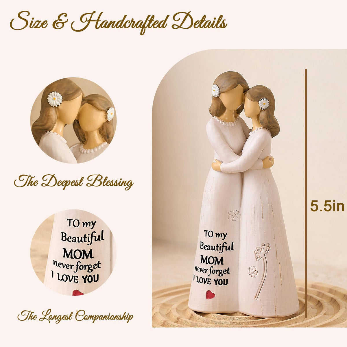 Mother and daughter embrace captured in cream tones for NAN ZAI NAN FANG figure.