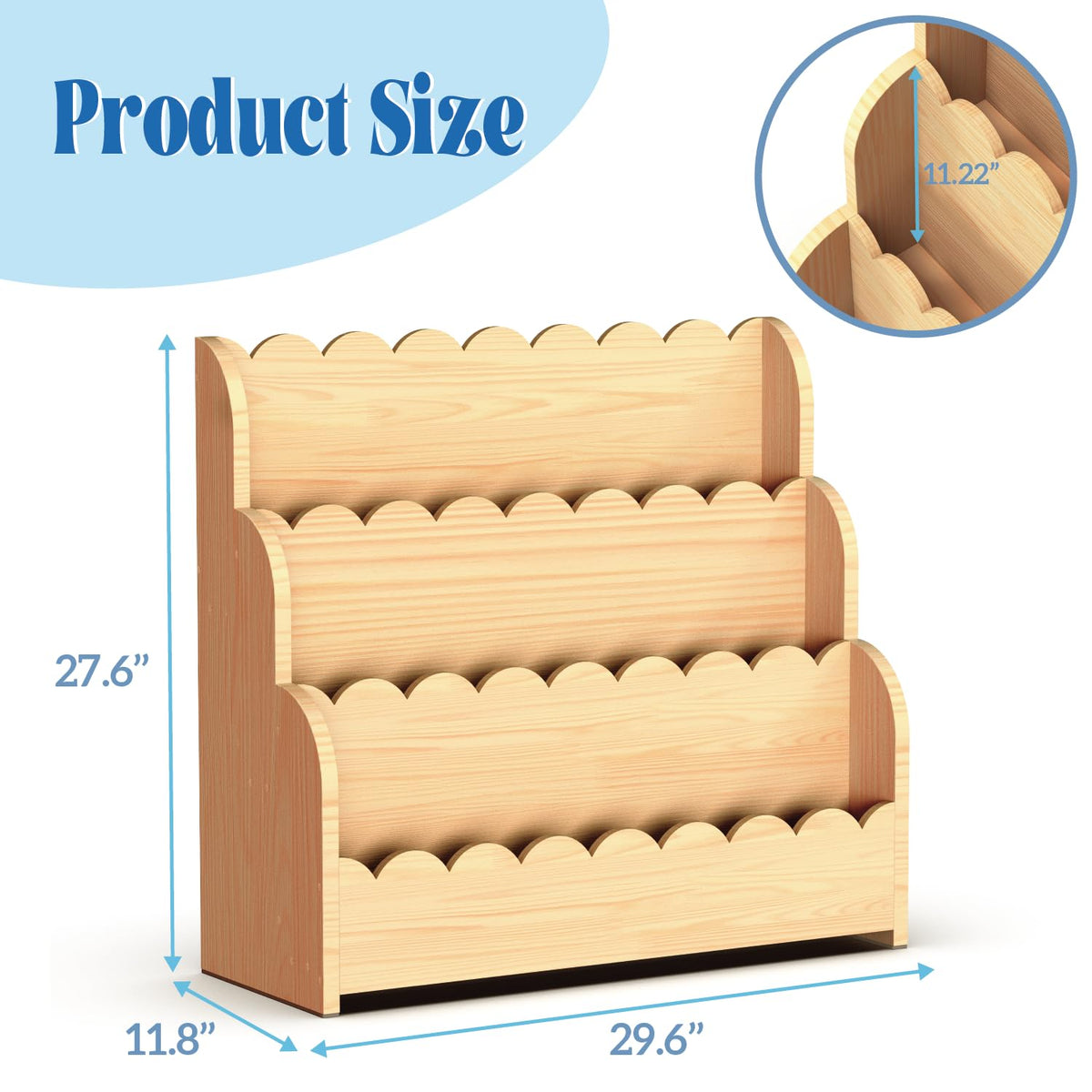 NANATI 3-Tier Scalloped Bookshelf side view highlights compact footprint for small rooms.