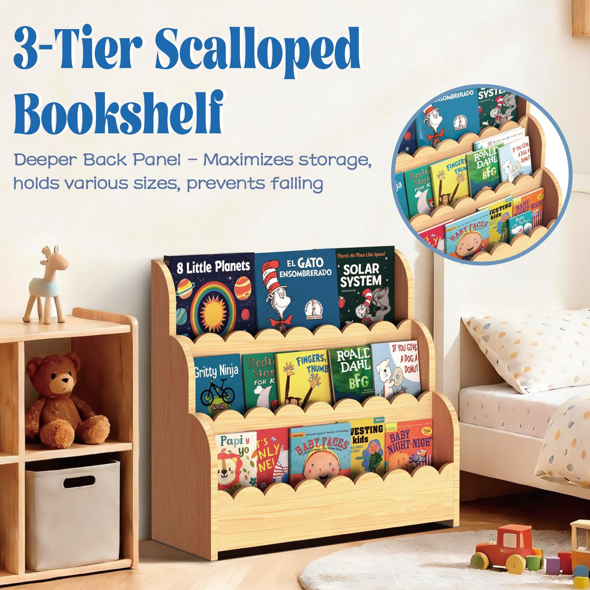 NANATI deep back panel keeps books secure and upright on display.
