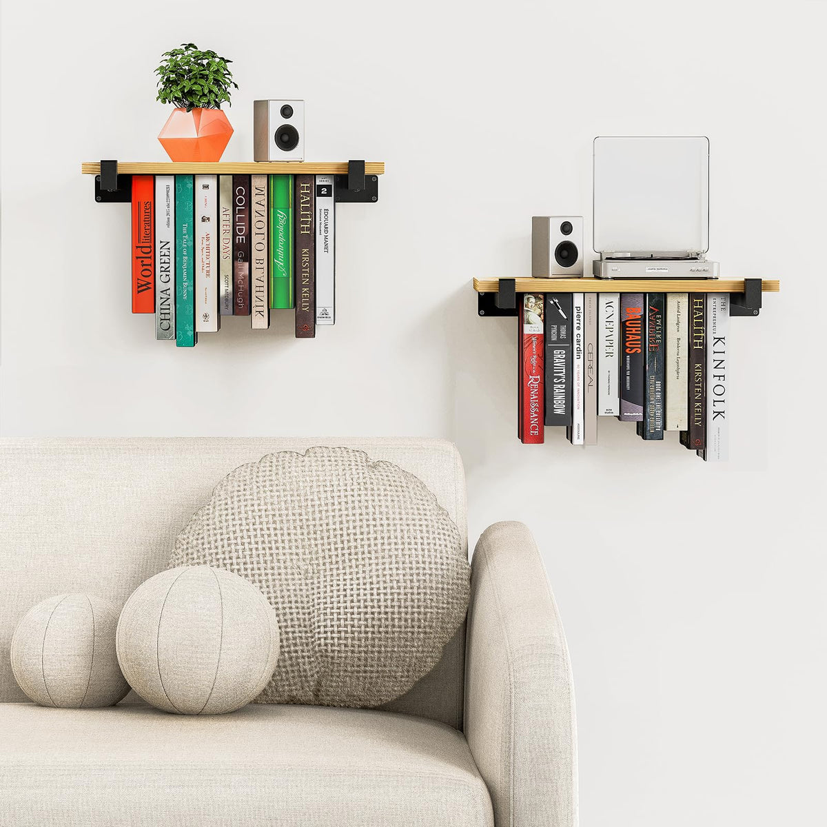 NANATI hanging shelf with iron supports keeps books securely displayed