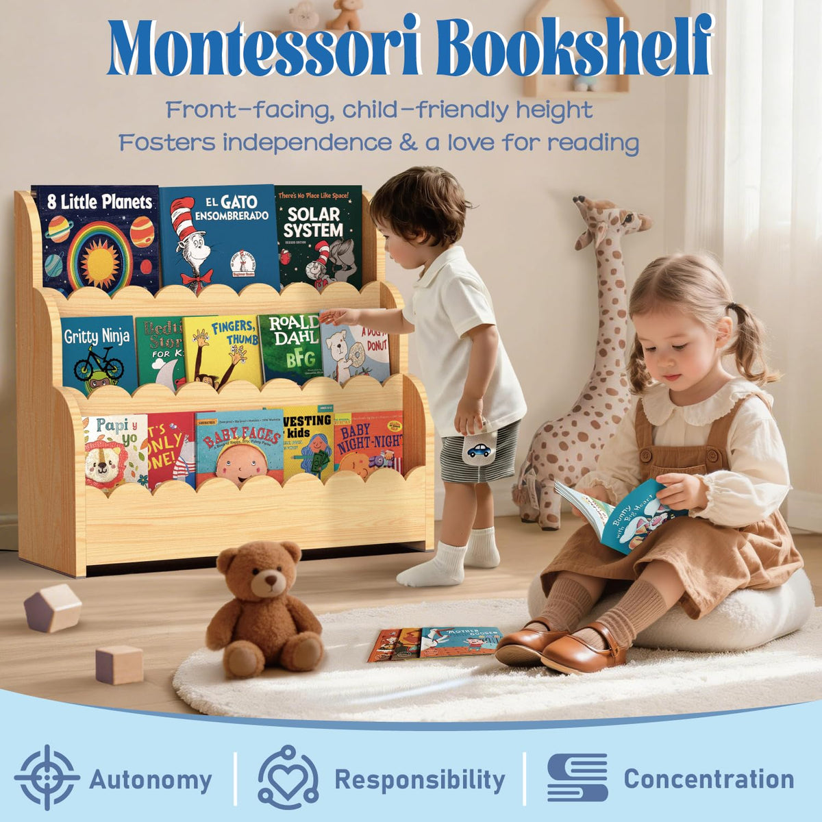 NANATI Montessori-inspired design promotes independent book selection and self-guided reading.