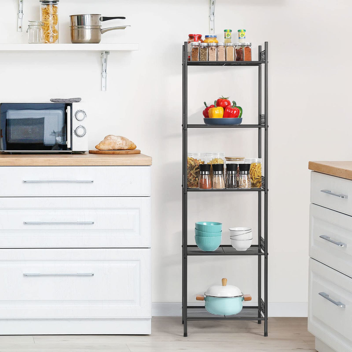 Nandae 5-tier shelf height at 57 inches fits tall items nicely.
