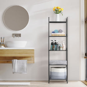 Nandae 5-tier shelf in bathroom for shampoo and body wash storage.