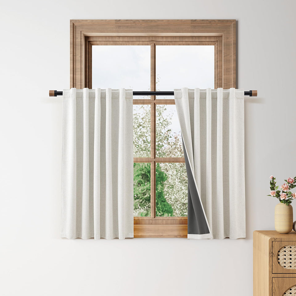 Nanspring blackout kitchen curtain with back tab for neat drape and privacy.