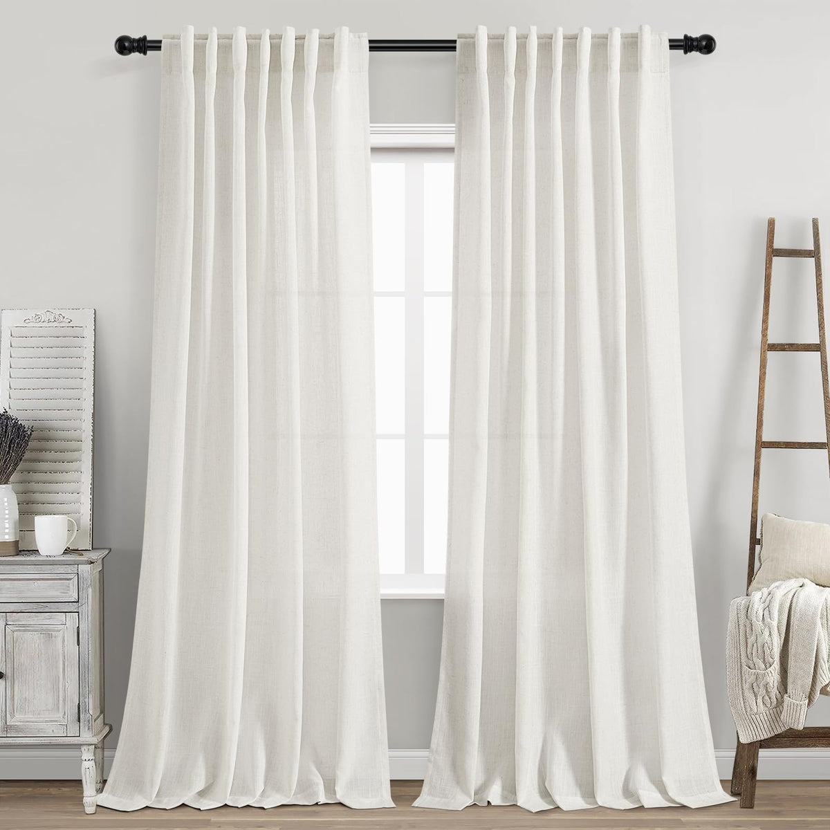Nanspring beige white linen curtains, front view, offering privacy and soft diffused light.