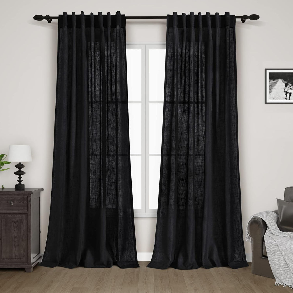 Nanspring black linen curtains back-tab hanging for tailored drape