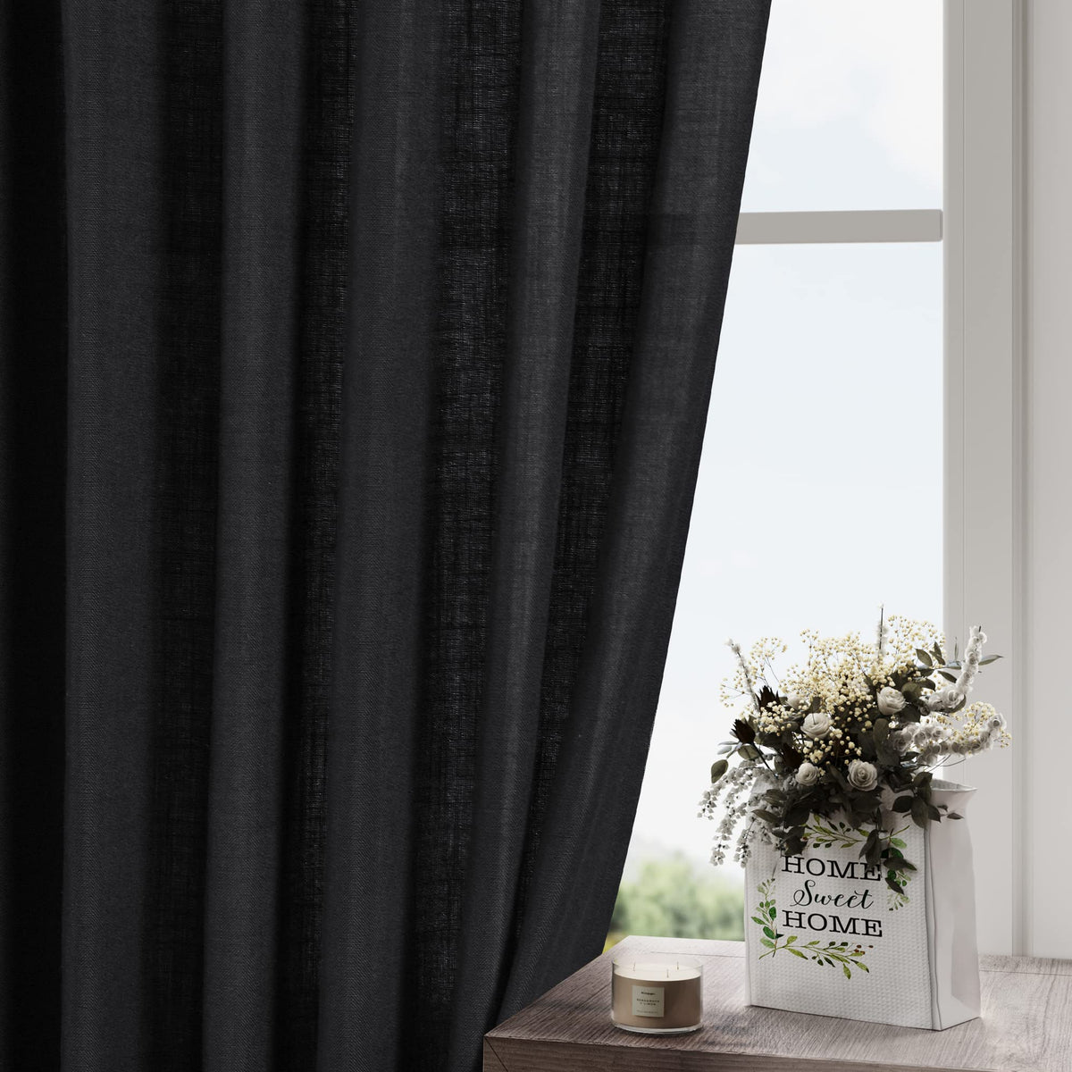 Nanspring black linen curtains open-weave fabric softly filters light