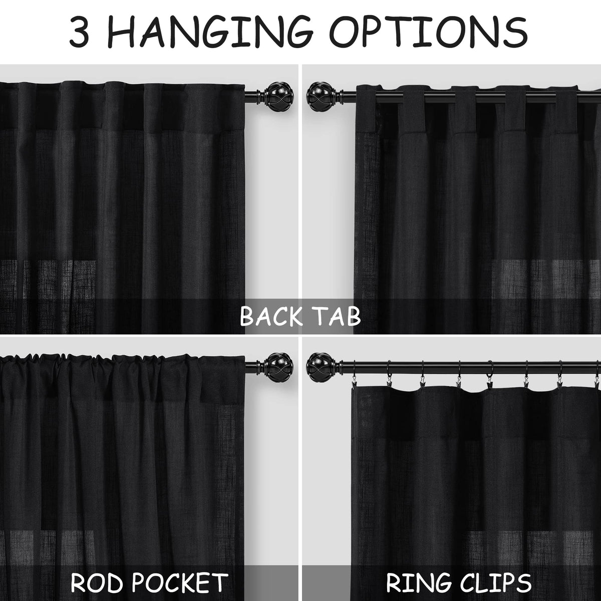 Nanspring black linen curtains 3-inch rod-pocket styling for classic look