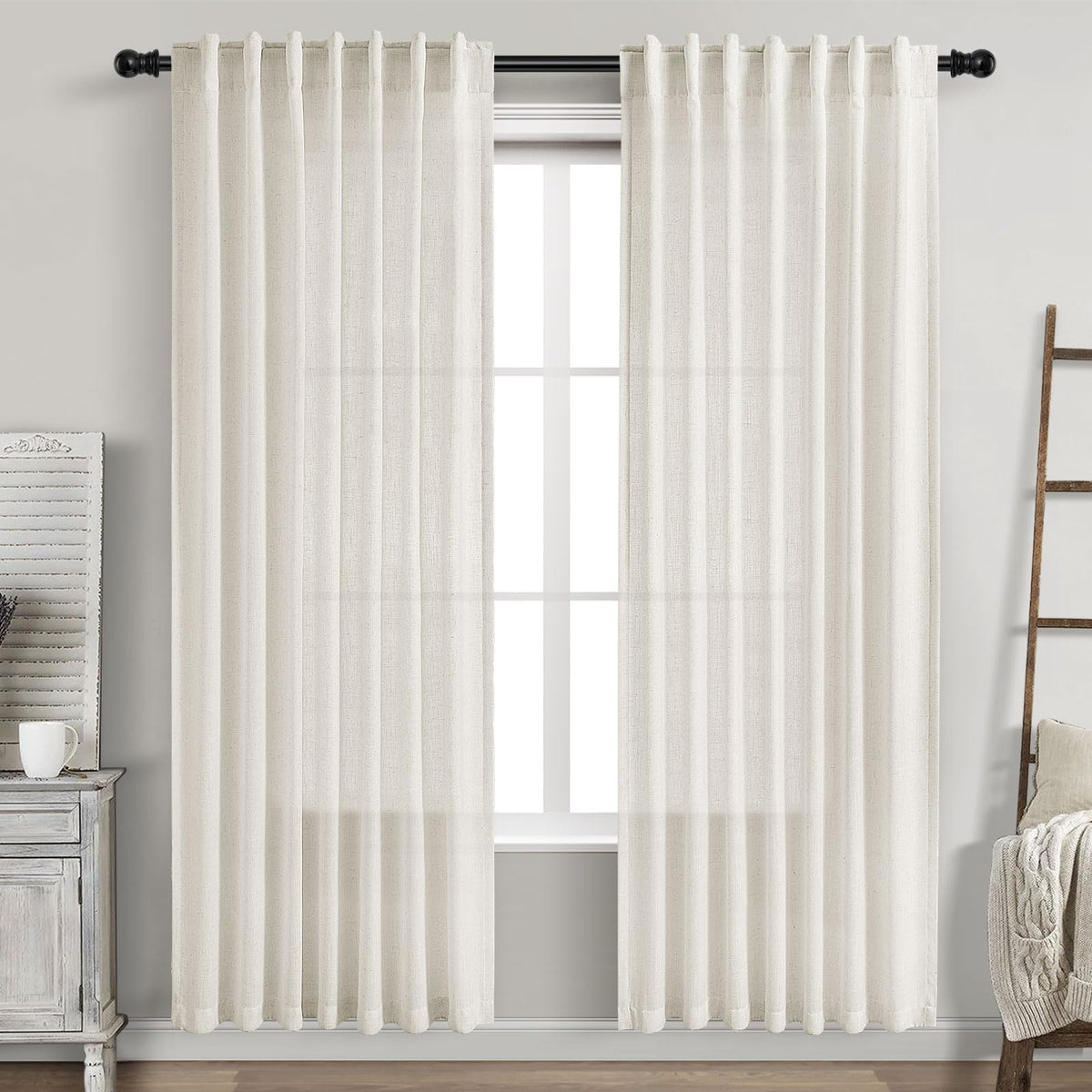 Nanspring cream linen curtains back tab pleated view enhances elegant drape and privacy.