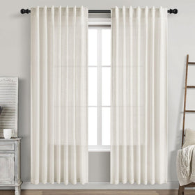 Nanspring cream linen curtains back tab pleated view enhances elegant drape and privacy.