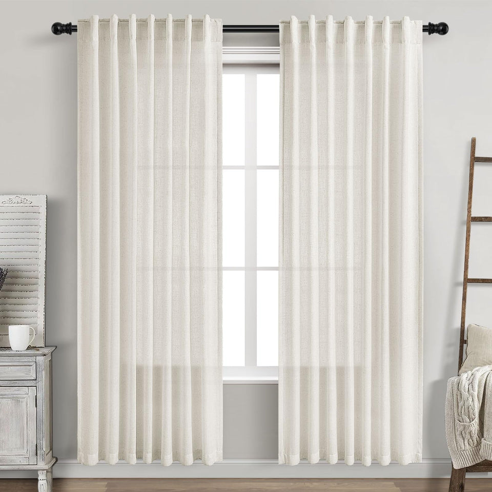Nanspring cream linen curtains back tab pleated view enhances elegant drape and privacy.