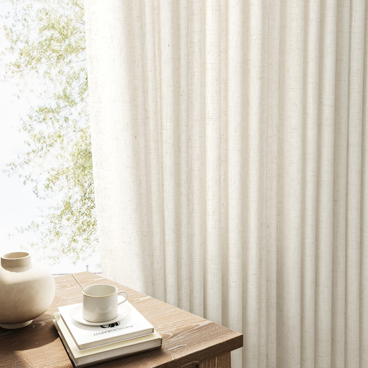 Nanspring linen curtains measure 96 inches for tall ceilings.