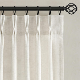 Nanspring linen pinch-pleated front-view panel diffuses light softly for inviting rooms.
