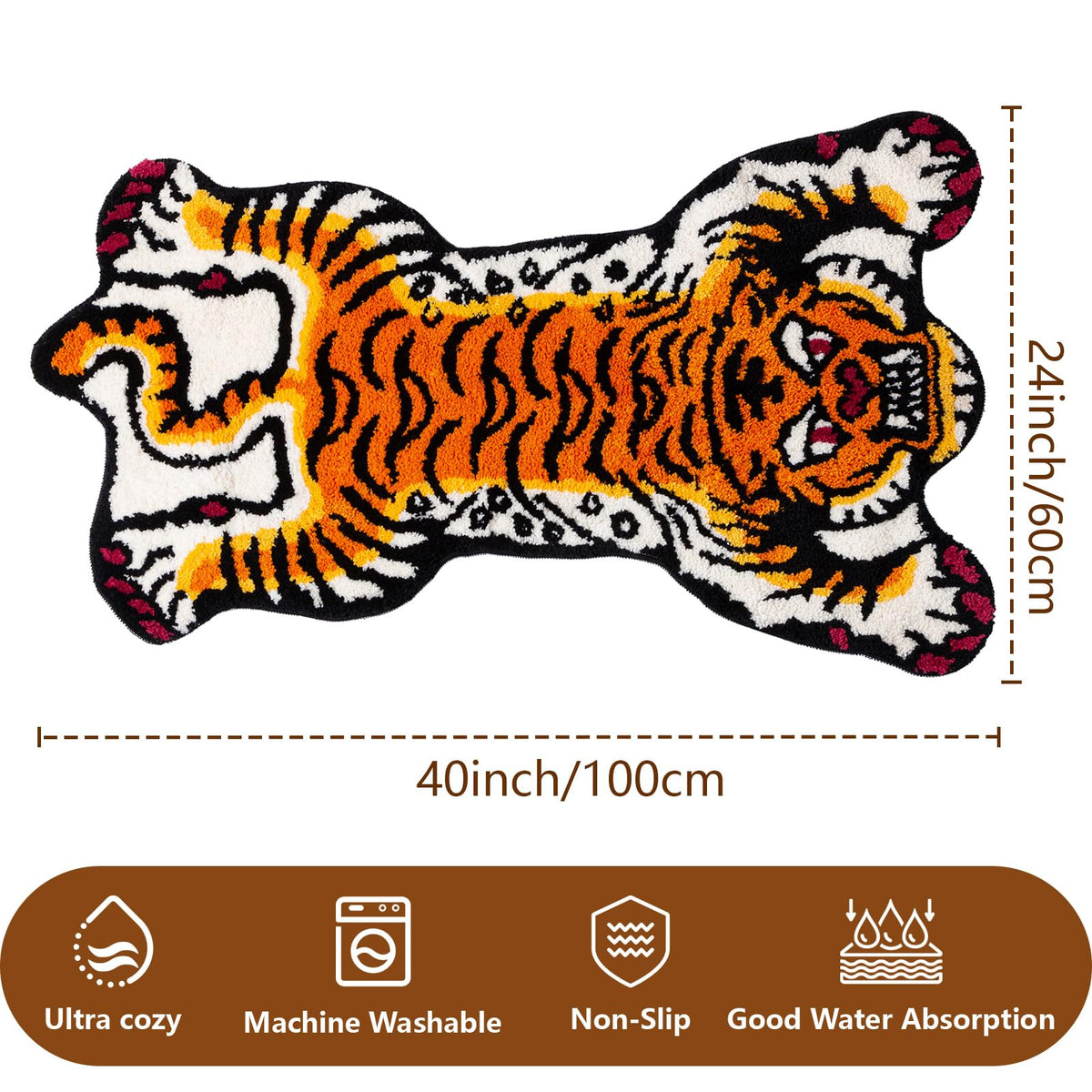 Naoloture non-slip back keeps the tiger rug in place on floors.
