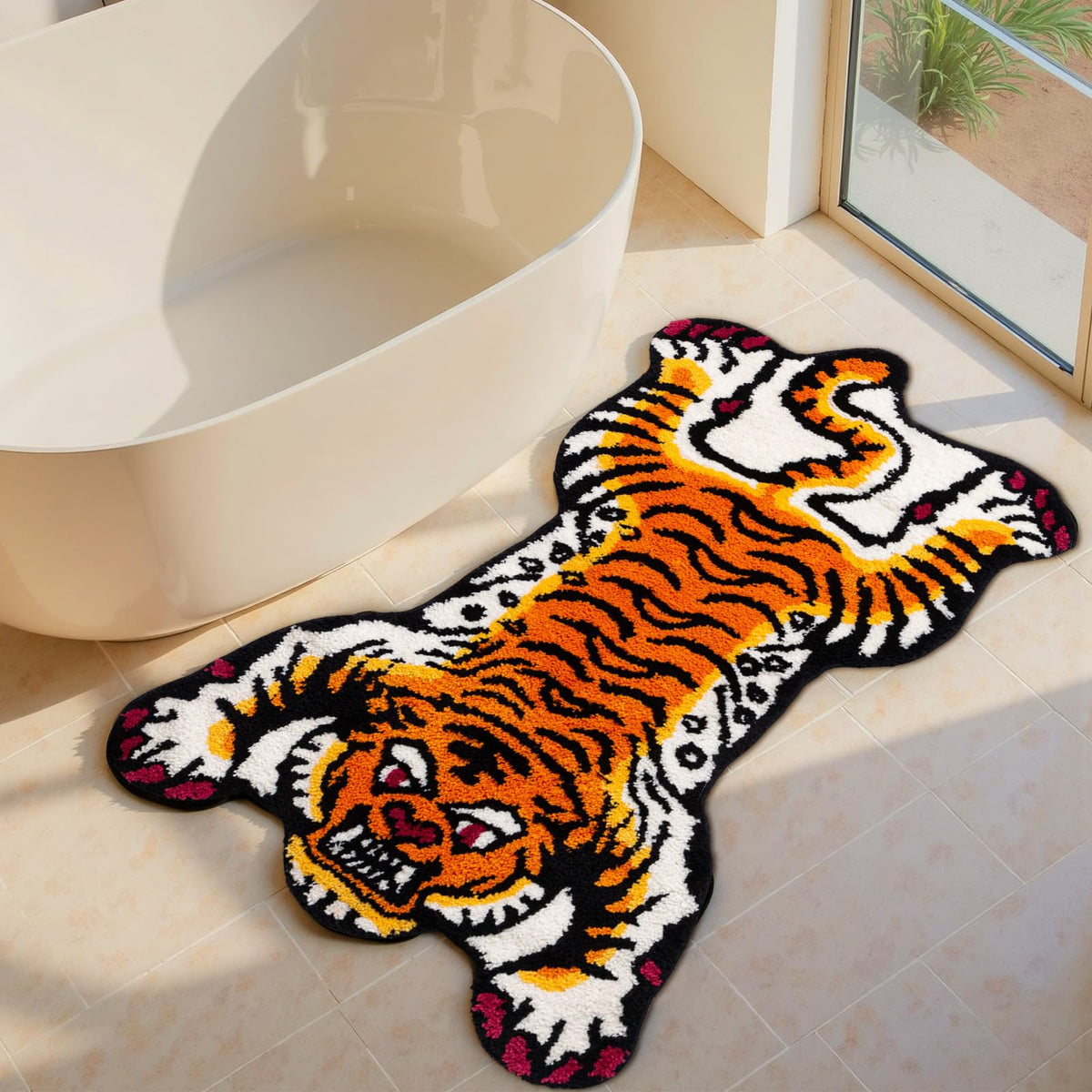 Naoloture orange Tibetan tiger pattern bath mat adds bold style while preventing slips.
