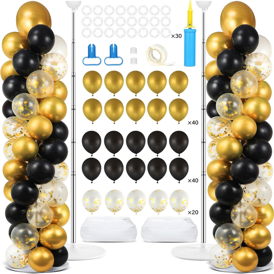 Naozinebi black gold balloon column stand kit assembly for elegant events.
